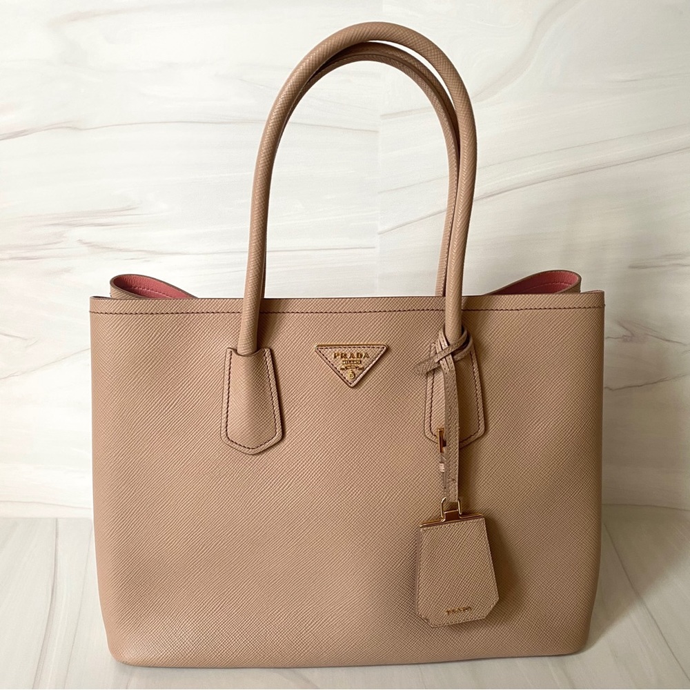 Prada Saffiano Cuir Large Double Bag Tote Nude Pink